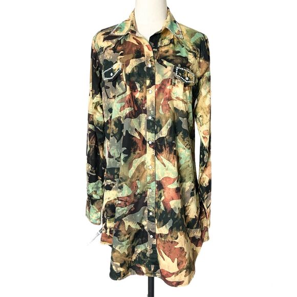 A Rare Bird Long Sleeve Cotton Mini Dress in Camo with Embellishments Size Small - Picture 1 of 6